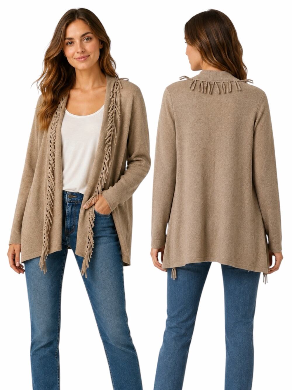 Magaschoni 100% Cashmere Fringe Trim Open Front Cardigan Brown Size XS